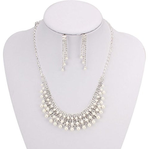 White Pearl Bead Accent Rhinestone Pave Necklace and Earrings Jewelry Set in Silver-Tone