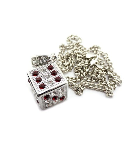 Rhinestone Dice Cube Pendant in Silver/Red Tone w/ 36" Cuban Chain CP94RRD