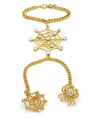 Spider & Spiderweb Charm Bracelet Ring Halloween Style Hand Jewelry in Gold-Tone