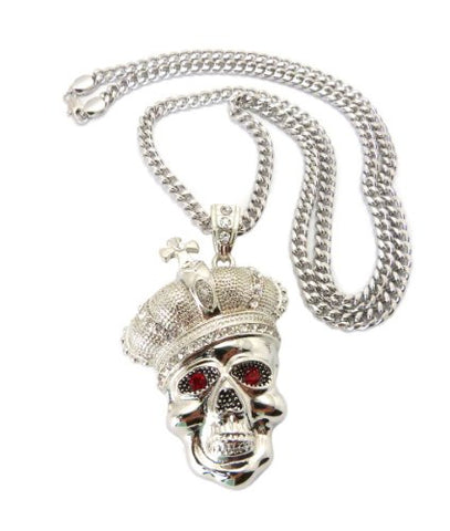 Crown Skull King Pendant in Silver Tone w/ 36" Miami Cuban Chain CP69R