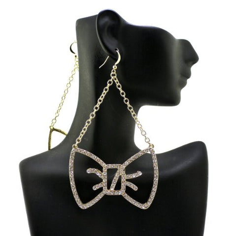 Clear Rhinestone Ribbon Drop Earrings in Gold-Tone