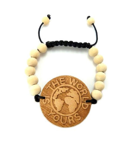 THE WORLD IS YOURS Wood Pendant Wooden Bead Chain Bracelet in Natural-Tone WB22NL