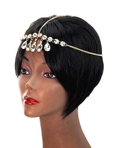 Dangling Teardrop Rhinestone Stud Single Strand Head Chain Jewelry in Gold-Tone