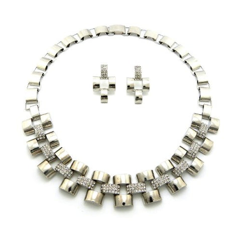 Unique Interlocking Rhinestone Accent Chain Necklace and Earrings Jewelry Set in Silver-Tone