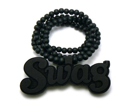 Swag Wood Pendant 36" Wooden Bead Chain Hip Hop Necklace in Black-Tone WJ114BK