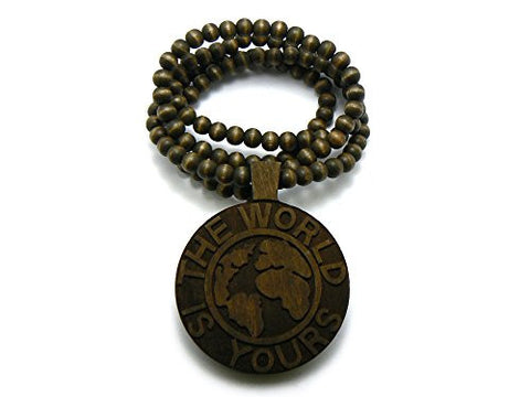 The World is Yours Globe Flat Wood Medal Pendant 8mm 36" Wooden Bead Chain Necklace in Brown