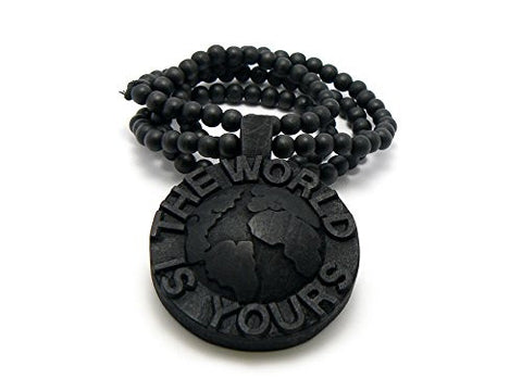The World is Yours Globe 3D Wood Medal Pendant 8mm 36" Wooden Bead Chain Necklace in Black