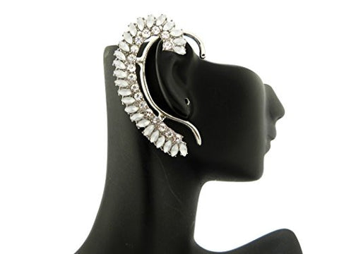 Elegant Marquise Cut Off-White Jade Stone Pave Ear Cuff in Silver-Tone
