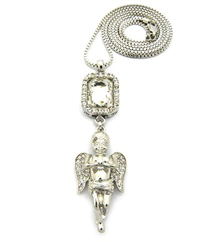 Clear Stone with Pave Prayer Angel Pendant 2mm 30" Box Chain Necklace in Silver-Tone