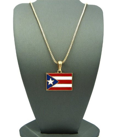 Puerto Rico Flag Pendant with 2mm 24" Box Chain Necklace - Gold-Tone