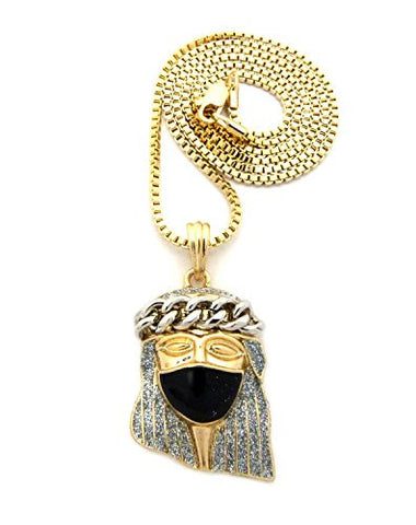Jet Mask Jesus Silver-Color Glitter Micro Pendant 2mm 24" Box Chain Necklace in Gold-Tone