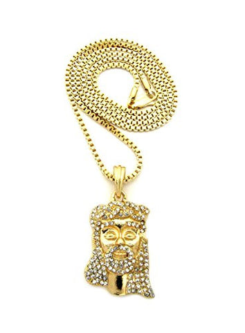 Stone Studded Crown of Thorns Jesus Face Pendant 2mm 24" Box Chain Necklace in Gold-Tone