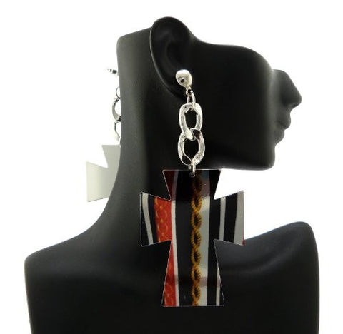 Fashion Print Wide Cross Plate Drop Earrings in Silver-Tone