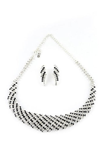 Jet/Clear Elegant Rhinestone Collar Necklace and Earring Jewelry Set in Silver-Tone