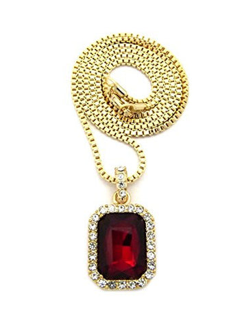 Rectangular Faux Ruby Stone Pendant w/ 2mm 24" Box Chain Necklace in Gold-Tone