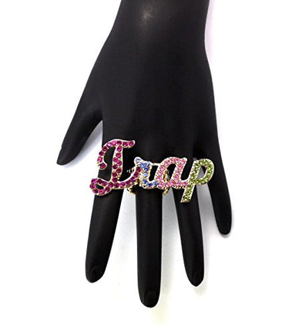 Multi-Color Stone Trap Charm Stretch Ring in Gold-Tone