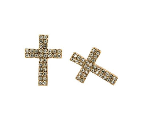 Double Row Clear Stone Cross Stud Earrings in Gold-Tone