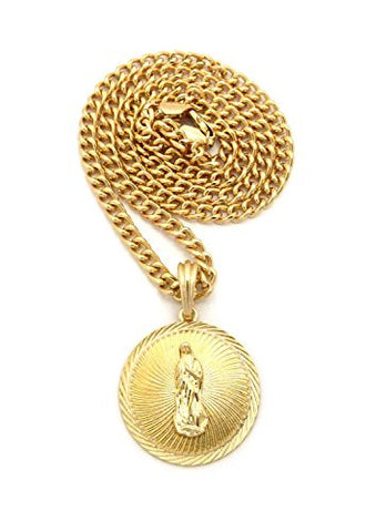 Embellished Saint Mary Medal Pendant w/ 5mm 24" Cuban Chain Necklace in Gold-Tone