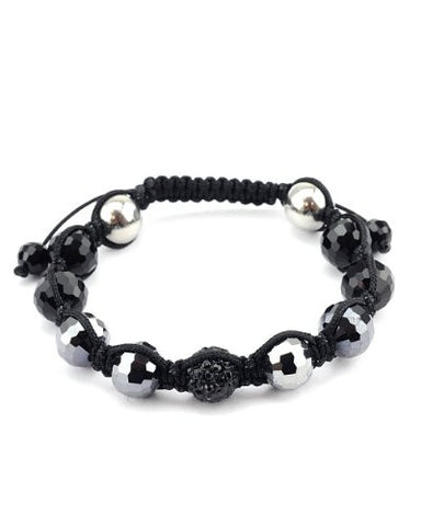 Metal, Faux Crystal, & Black Pave Ball Multi Bead Shamballa Bracelet MHB89BK