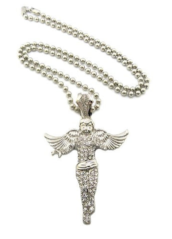 Iced Out Silver Tone Floating Angel Pendant Necklace w/ 5mm 30" Ball Chain XP915RBC