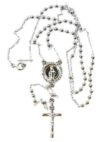 Mother Mary with Jesus Cross Pendant 33" Silver Tone Bead Rosary Necklace
