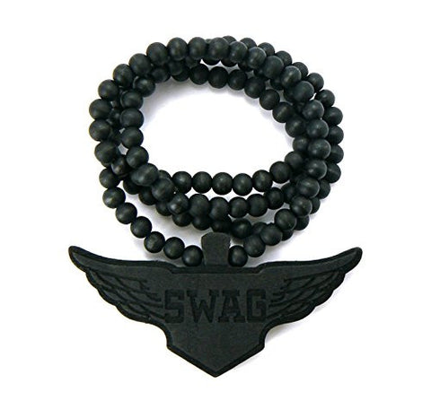 SWAG Wing Wood Pendant 8mm 36" Wooden Bead Chain Necklace in Black