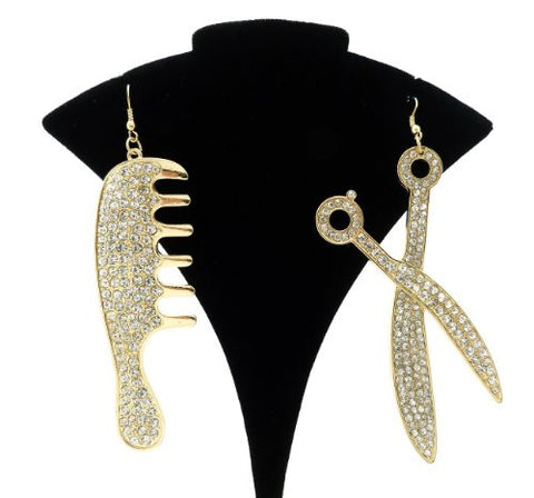 Hair Stylists Comb and Scissors Charm Earrings in Gold-Tone