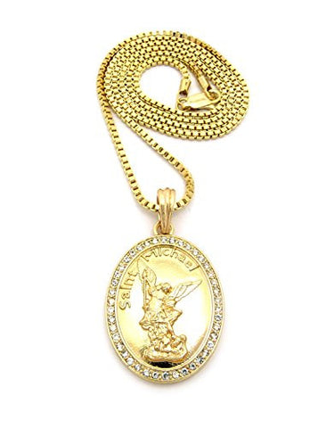 Stone Stud Frame Saint Michael Oval Pendant 2mm 24" Box Chain Necklace in Gold-Tone