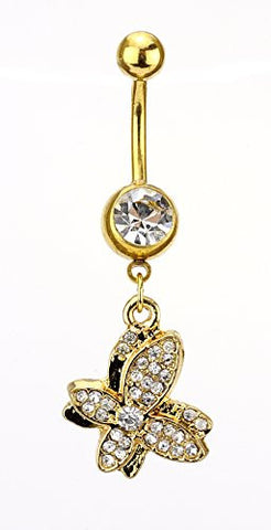 Clear Rhinestone Butterfly Charm Surgical Steel Belly Ring in Gold-Tone