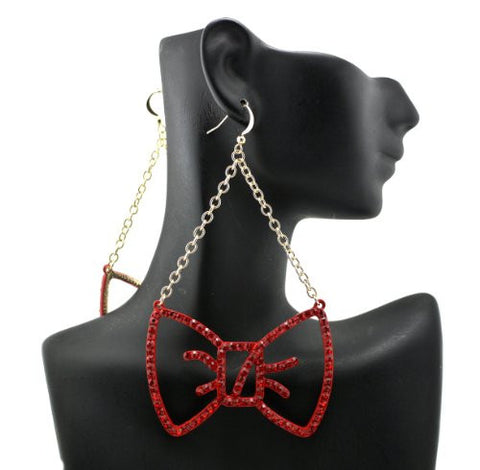 Red Rhinestone Ribbon Drop Earrings in Gold-Tone