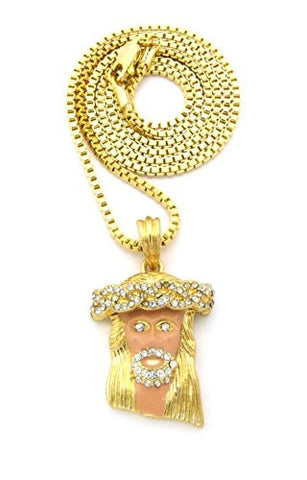 Paved Jesus Pink Accent Micro Pendant w/ 24" Box Chain - Gold Tone MMP5GAPBX