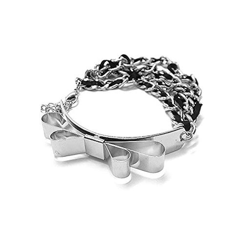 Leather Woven Link Chain Bow Accent Heel Chain Anklet in Silver Tone JB2012RDBLK