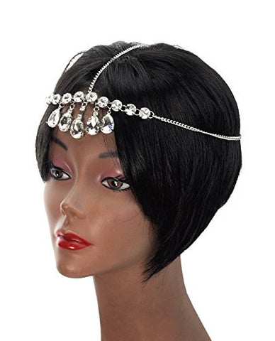 Dangling Teardrop Rhinestone Stud Single Strand Head Chain Jewelry in Silver-Tone