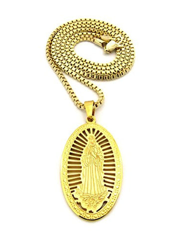 Hollow Polished Stainless Steel Oval St. Mary Pendant 2.5mm 24" Box Chain Necklace in Gold-Tone