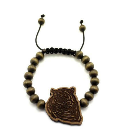 Tiger Engraved Wood Pendant Wooden Bead Chain Bracelet in Brown-Tone WB35BRN