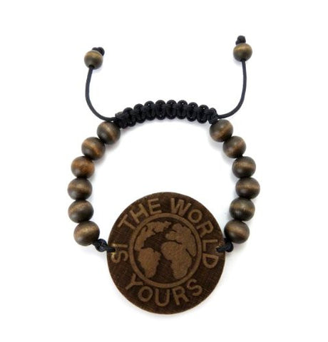THE WORLD IS YOURS Wood Pendant Wooden Bead Chain Bracelet in Brown-Tone WB22BRN