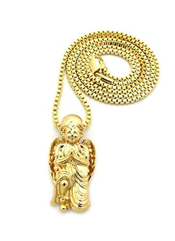 Kneeling Prayer Angel Micro Pendant 24" Box Chain Necklace in Gold-Tone MMP59GBX