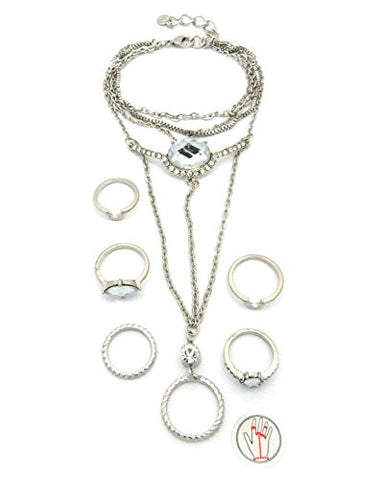 Clear Oval Stone Hand Harness 6 Ring Chain Bracelet in Silver-Tone