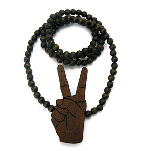 Victory Peace Hand Sign Wood Pendant 36" Wooden Bead Chain Necklace in Brown-Tone WX23BRN