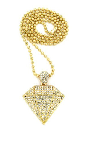 Iced Out Gold Tone Diamond Shape Pendant 3mm 27" Ball Chain Necklace BXZ92G