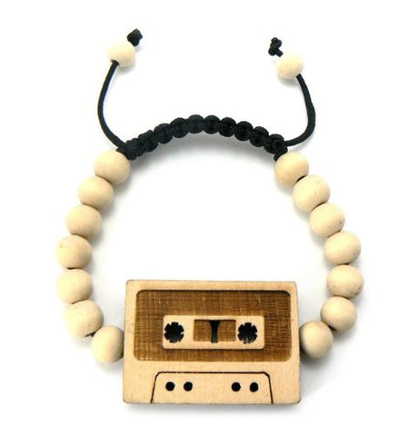 Classic Cassette Wooden Pendant Wood Bead Chain Bracelet in Natural-Tone WB5NL