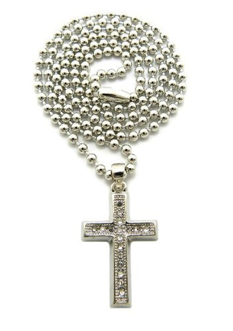 Stone Stud Mini Block Cross Micro Pendant 3mm 27" Ball Chain Necklace in Silver-Tone