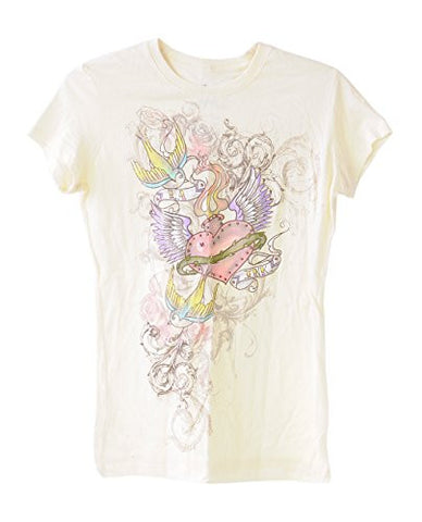 LA Ink Women's Colorful Heart Roses Bird Print Short Sleeve T-Shirt Medium
