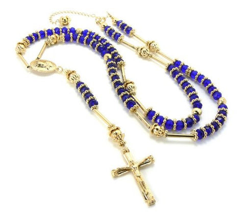 Praying Hands Crucifix Cross Pendant 39" Blue Glass Bead Rosary Necklace - Gold/Blue-Tone HR200GBL