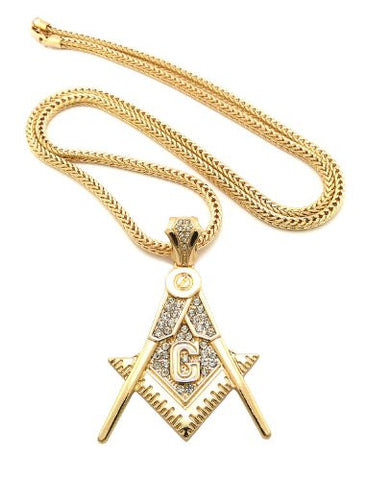 Iced Out Gold Tone Square and Compass Pendant 4mm 36" Franco Chain XP925G