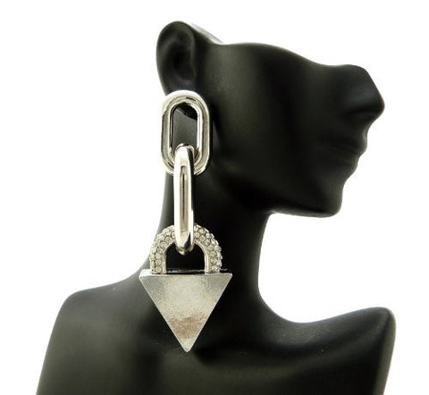 Triangle Padlock Charm Drop Chain Earrings in Silver-Tone