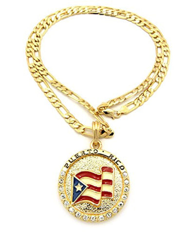 Flag of Puerto Rico Pride Rhinestone Medal Pendant 24" Figaro Chain Necklace - Gold-Tone XSP085G