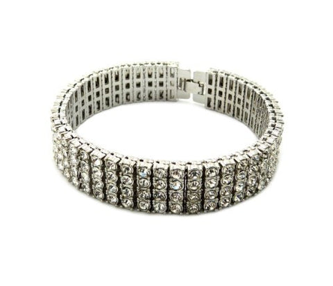 Iced Out 4 Row Rhinestone Bracelet 8.25" with Metal Clasp - Silver-Tone