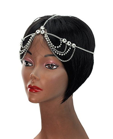 Symmetric Rhinestone Studs Multi Strand Draping Head Chain Jewelry in Silver-Tone