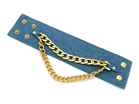 Denim Jeans Look Blue Fabric Bracelet with Chain Dangle in Gold-Tone JB1037GDBLU